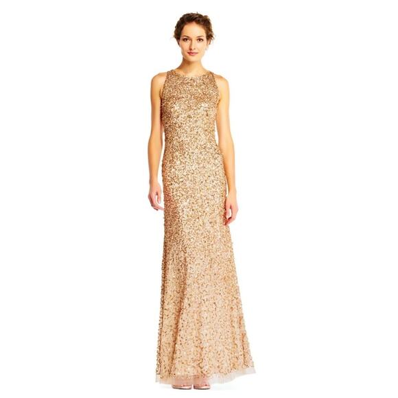 Adrianna Papell halter crunchy beaded gown in champagne gold, size 12 NWT - Picture 1 of 14